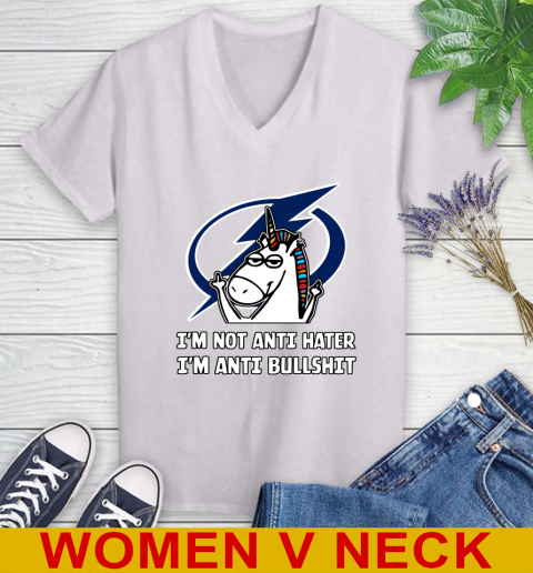 Tampa Bay Lightning NHL Hockey Unicorn I'm Not Anti Hater I'm Anti Bullshit Women's V-Neck T-Shirt