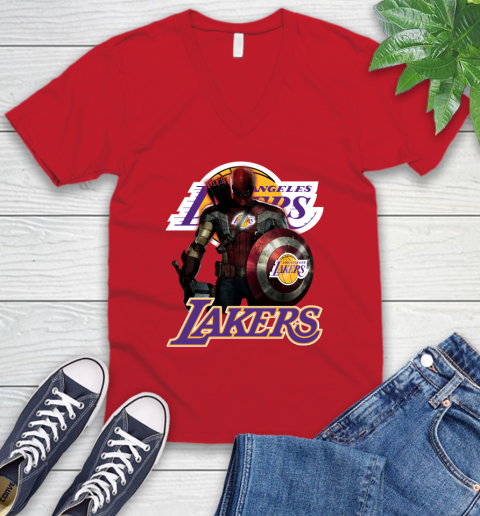 Los Angeles Lakers NBA Basketball Captain America Thor Spider Man Hawkeye Avengers V-Neck T-Shirt 7