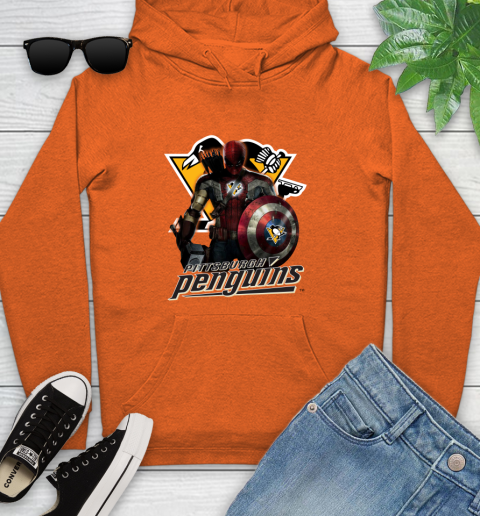 NHL Captain America Thor Spider Man Hawkeye Avengers Endgame Hockey Pittsburgh Penguins Youth Hoodie 5