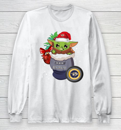 Nashville Predators Christmas Baby Yoda Star Wars Funny Happy NHL Long Sleeve T-Shirt 2