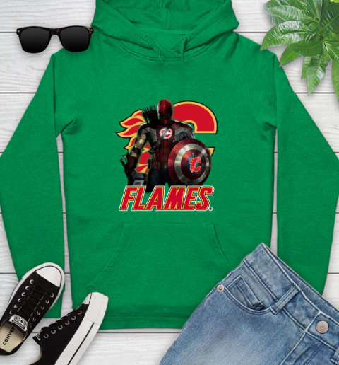 NHL Captain America Thor Spider Man Hawkeye Avengers Endgame Hockey Calgary Flames Youth Hoodie 7