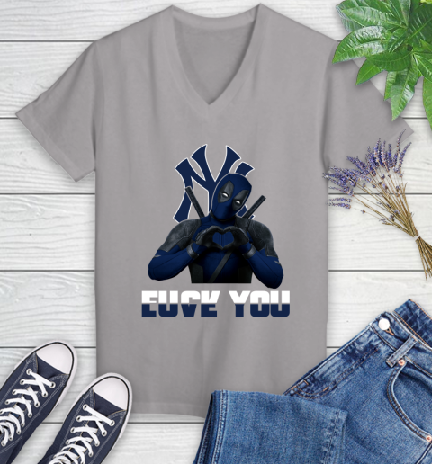MLB New York Yankees Deadpool Love You Fuck You Baseball Sports Women's V-Neck T-Shirt 4
