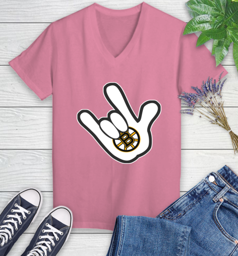 Boston Bruins NHL Hockey Mickey Rock Hand Disney Women's V-Neck T-Shirt 13