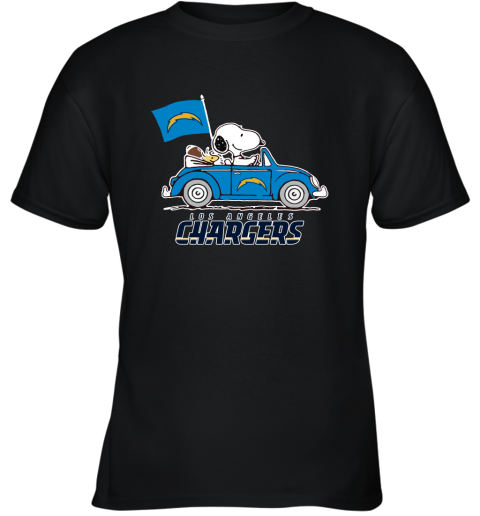 Snoopy And Woodstock Ride The Los Angeles Chargers Car NFL Youth T-Shirt