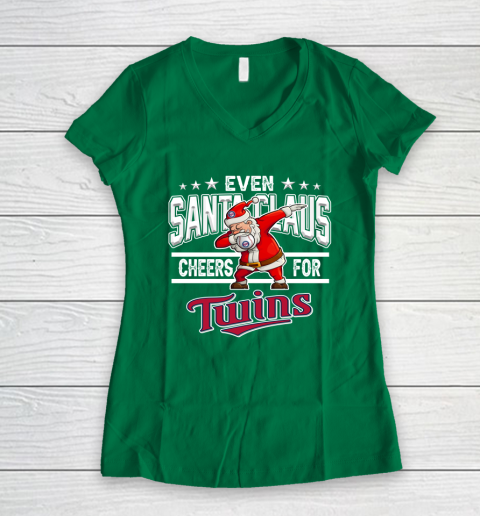 Minnesota Twins Even Santa Claus Cheers For Christmas MLB Women's V-Neck T-Shirt 3