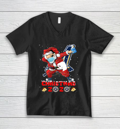 Milwaukee Brewers Funny Santa Claus Dabbing Christmas 2020 MLB V-Neck T-Shirt