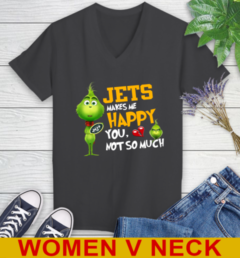 NFL New York Jets Makes Me Happy You Not So Much Grinch Football Sports Women's V-Neck T-Shirt 8