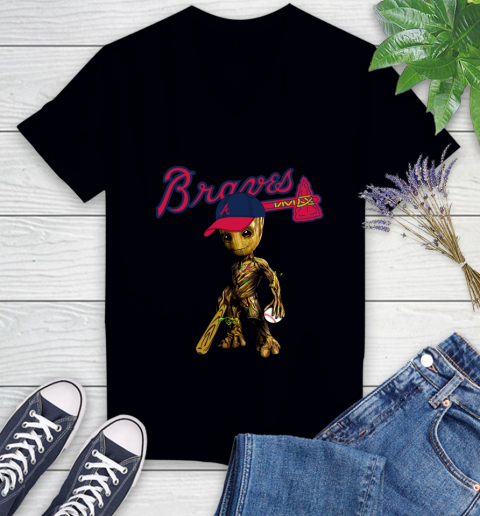 MLB Atlanta Braves Groot Guardians Of The Galaxy Baseball Women's V-Neck T-Shirt 2