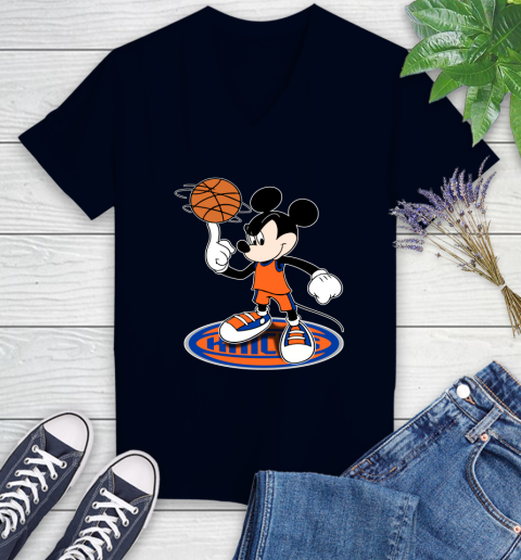 NBA Basketball New York Knicks Cheerful Mickey Disney Shirt Women's V-Neck T-Shirt 3