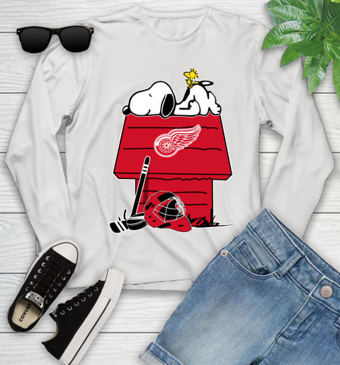 Detroit Red Wings NHL Hockey Snoopy Woodstock The Peanuts Movie Youth Long Sleeve