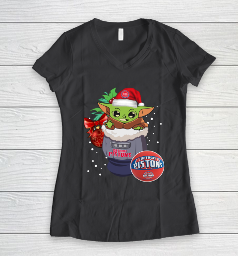 Detroit Pistons Christmas Baby Yoda Star Wars Funny Happy NBA Women's V-Neck T-Shirt 8