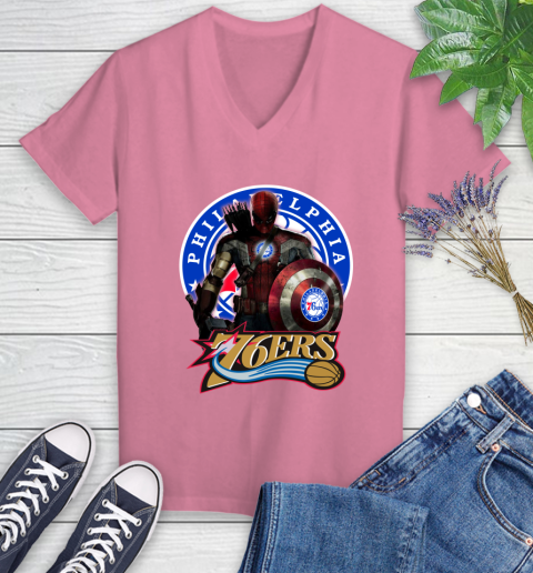 Philadelphia 76ers NBA Basketball Captain America Thor Spider Man Hawkeye Avengers (1) Women's V-Neck T-Shirt 13