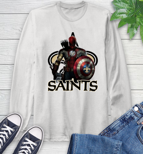NFL Captain America Thor Spider Man Hawkeye Avengers Endgame Football New Orleans Saints Long Sleeve T-Shirt