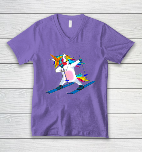 Skiing Unicorn Dabbing Funny Gift V-Neck T-Shirt 9