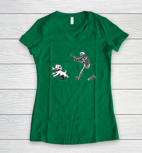 Halloween Dog, Funny Skeleton, Skeleton Chasing Dog Women's V-Neck T-Shirt 3