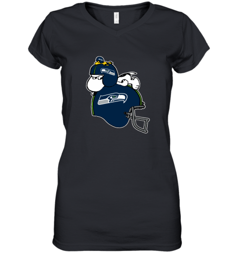 Snoopy And Woodstock Resting On Seattle Seahawks Helmet Women's V-Neck T-Shirt