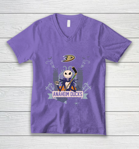NHL Anaheim Ducks Hockey Jack Skellington Halloween V-Neck T-Shirt 8