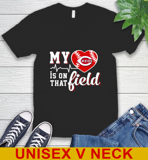 MLB My Heart Is On That Field Baseball Sports Cincinnati Reds V-Neck T-Shirt