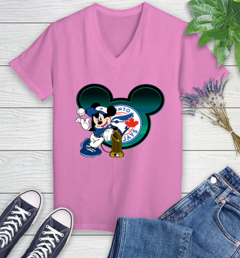 MLB Toronto Blue Jays The Commissioner's Trophy Mickey Mouse Disney Women's V-Neck T-Shirt 14