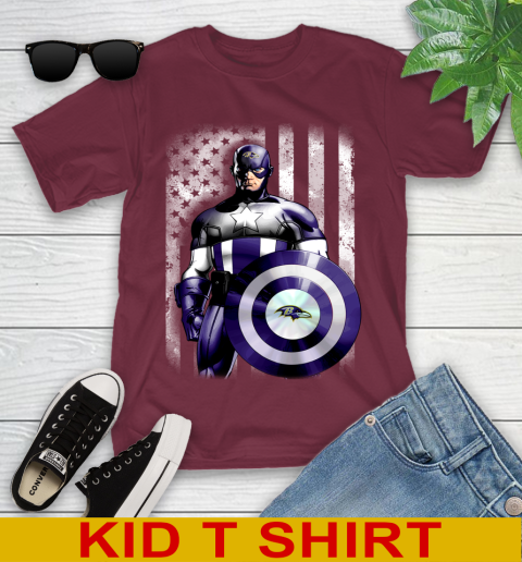 Baltimore Ravens NFL Football Captain America Marvel Avengers American Flag Shirt Youth T-Shirt 5