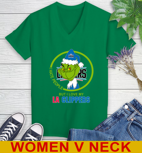 LA Clippers NBA Christmas Grinch I Hate People But I Love My Favorite Basketball Team Women's V-Neck T-Shirt 6