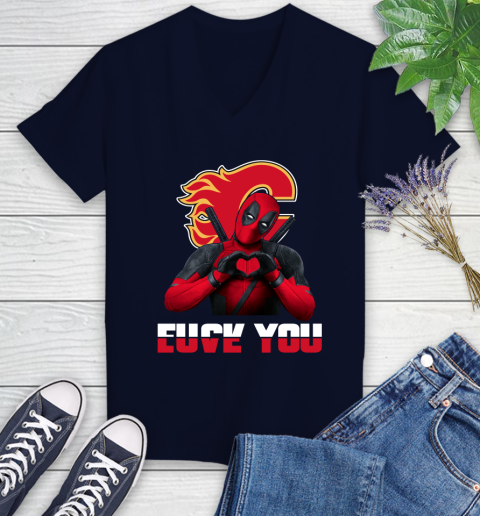 NHL Calgary Flames Deadpool Love You Fuck You Hockey Sports Women's V-Neck T-Shirt 2