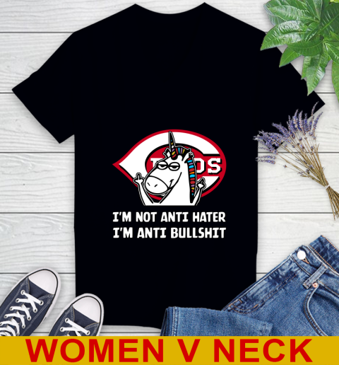 Cincinnati Reds MLB Baseball Unicorn I'm Not Anti Hater I'm Anti Bullshit Women's V-Neck T-Shirt 2