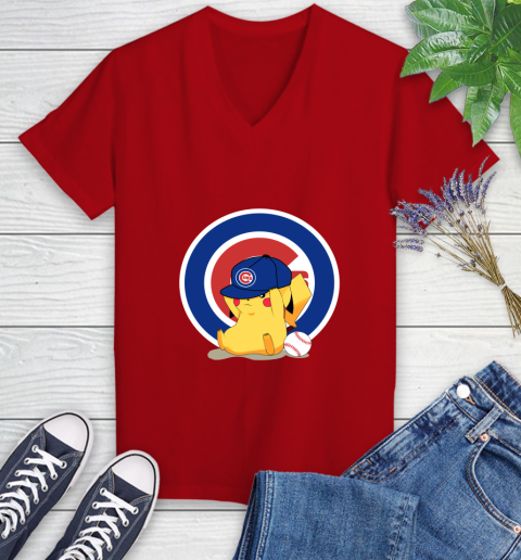 MLB Pikachu Baseball Sports Chicago Cubs Women's V-Neck T-Shirt 12