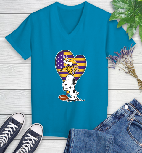 Minnesota Vikings NFL Football The Peanuts Movie Adorable Snoopy Women's V-Neck T-Shirt 7