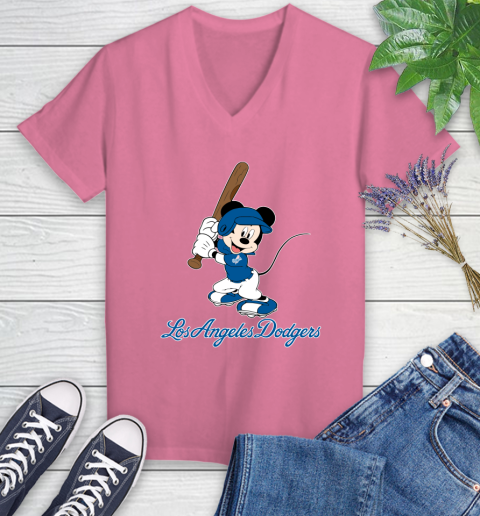 MLB Baseball Los Angeles Dodgers Cheerful Mickey Mouse Shirt Women's V-Neck  T-Shirt