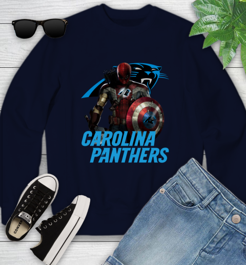 NFL Captain America Thor Spider Man Hawkeye Avengers Endgame Football Carolina Panthers Youth Sweatshirt 3
