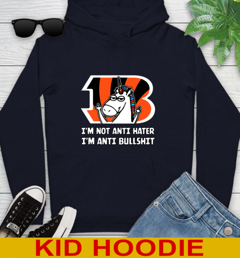 Cincinnati Bengals NFL Football Unicorn I'm Not Anti Hater I'm Anti Bullshit Youth Hoodie 4