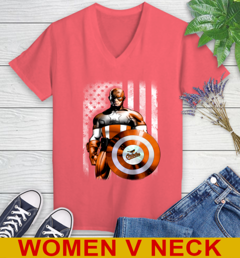 Baltimore Orioles MLB Baseball Captain America Marvel Avengers American Flag Shirt Women's V-Neck T-Shirt 6
