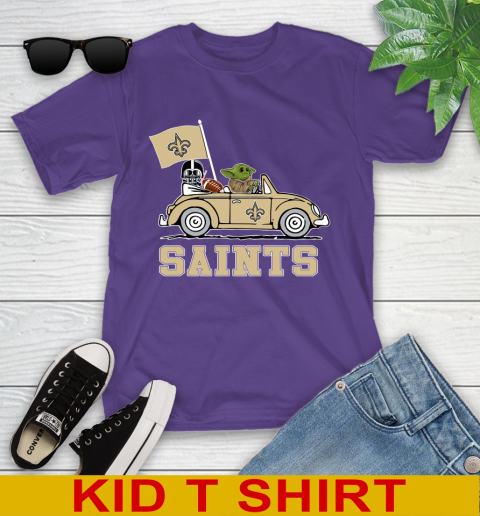 NFL Football New Orleans Saints Darth Vader Baby Yoda Driving Star Wars Shirt Youth T-Shirt 4