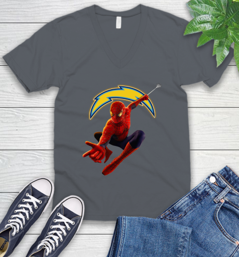 NFL Spider Man Avengers Endgame Football Los Angeles Chargers V-Neck T-Shirt 6 NFL Spider Man Avengers Endgame Football Los Angeles Chargers V-Neck T-Shirt - Image 6