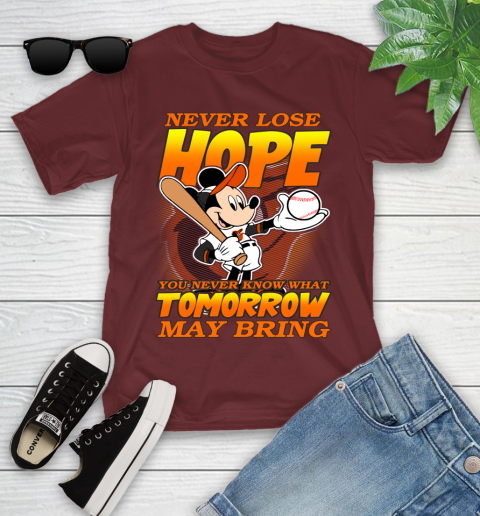 Baltimore Orioles MLB Baseball Mickey Disney Never Lose Hope Youth T-Shirt 14
