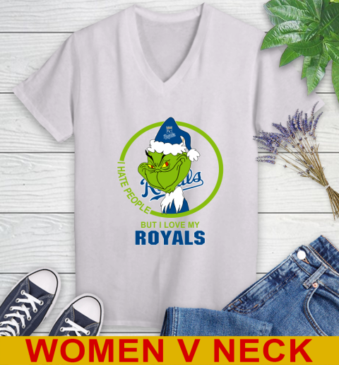 Kansas City Royals MLB Christmas Grinch I Hate People But I Love My Favorite Baseball Team Women's V-Neck T-Shirt