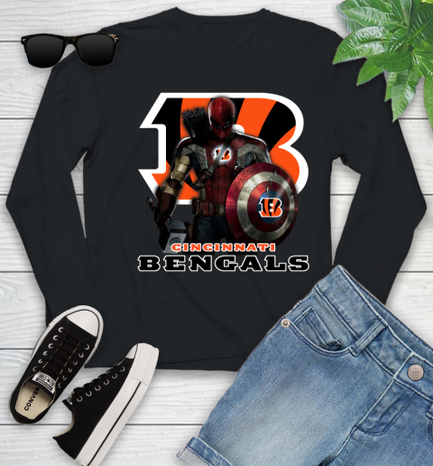 NFL Captain America Thor Spider Man Hawkeye Avengers Endgame Football Cincinnati Bengals Youth Long Sleeve 2