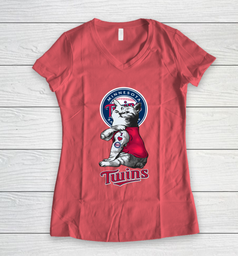 MLB Baseball My Cat Loves Minnesota Twins Women's V-Neck T-Shirt 4