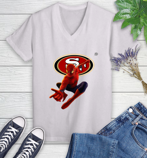 NFL Spider Man Avengers Endgame Football San Francisco 49ers Women's V-Neck T-Shirt