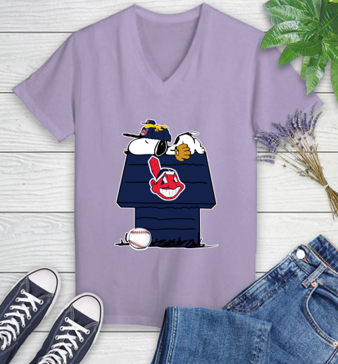 MLB Cleveland Indians Snoopy Woodstock The Peanuts Movie Baseball T Shirt Women's V-Neck T-Shirt 14