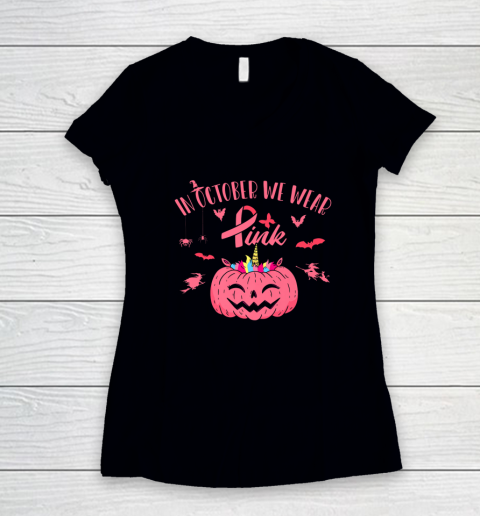 In October We Wear Pink Pumpkin Halloween Breast Cancer Gift Women's V-Neck T-Shirt