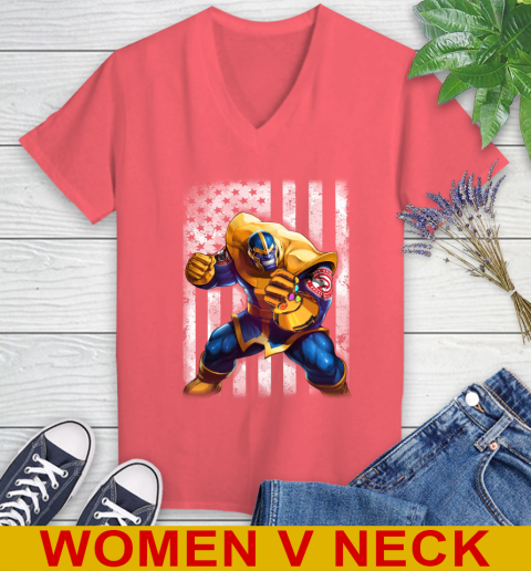 NBA Basketball Atlanta Hawks Thanos Marvel American Flag Shirt Women's V-Neck T-Shirt - Image 7