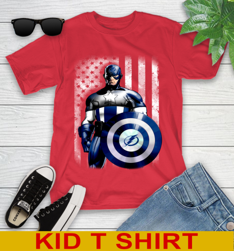 Tampa Bay Lightning NHL Hockey Captain America Marvel Avengers American Flag Shirt Youth T-Shirt 12 Tampa Bay Lightning NHL Hockey Captain America Marvel Avengers American Flag Shirt Youth T-Shirt - Image 12