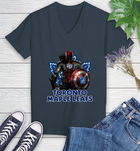 NHL Captain America Thor Spider Man Hawkeye Avengers Endgame Hockey Toronto Maple Leafs Women's V-Neck T-Shirt 8