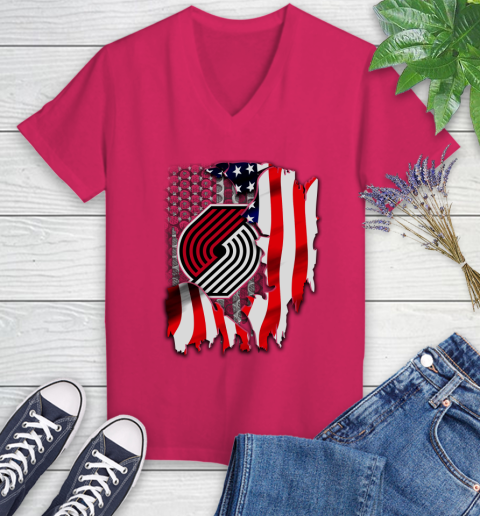 Portland Trail Blazers NBA Basketball American Flag Women's V-Neck T-Shirt 9