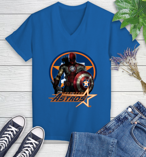 MLB Captain America Thor Spider Man Hawkeye Avengers Endgame Baseball Houston Astros Women's V-Neck T-Shirt 10
