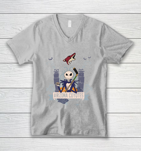 NHL Arizona Coyotes Hockey Jack Skellington Halloween V-Neck T-Shirt 3