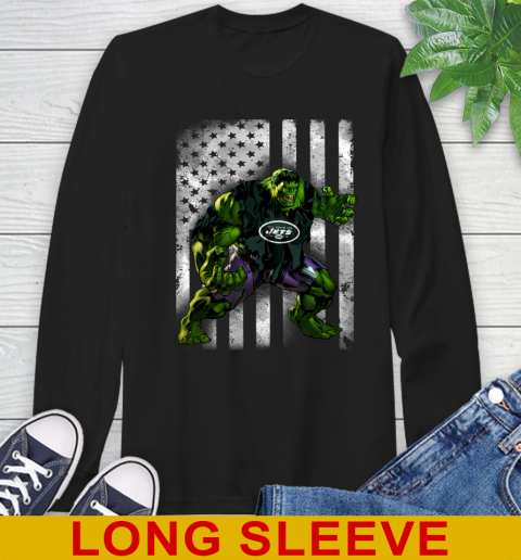 New York Jets Hulk Marvel Avengers NFL Football American Flag Long Sleeve T-Shirt