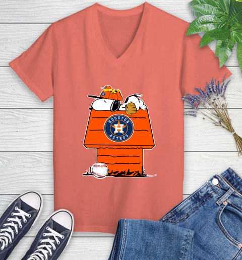 MLB Houston Astros Snoopy Woodstock The Peanuts Movie Baseball T Shirt Women's V-Neck T-Shirt 6